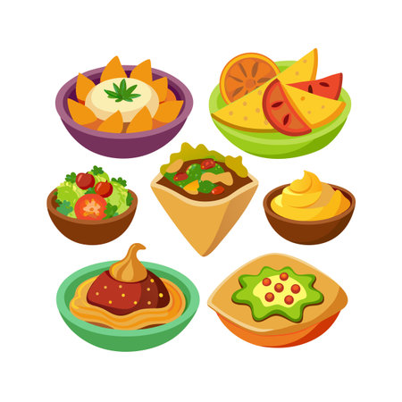 Delicious variety of food served in bowls and containers against white backgroundのイラスト素材