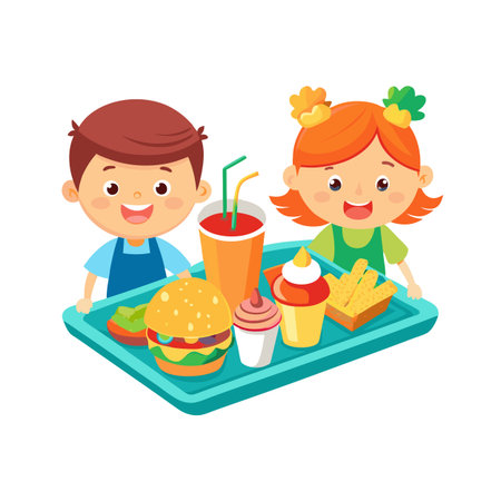 Children Enjoying Fast Food Meal on Tray in Cartoon Style, isolated on white backgroundのイラスト素材