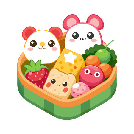 Kawaii Bento Box with Cartoon Food Characters, Perfect for Children's Lunchのイラスト素材