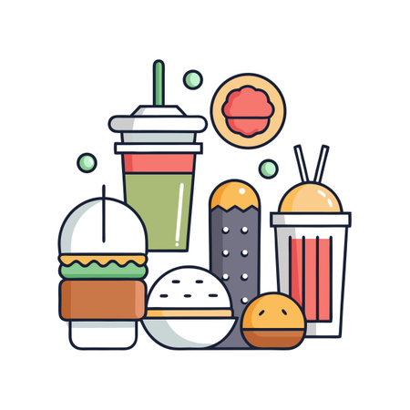 Flat design illustration of fast food items including burger, fries and beverages with outlined shapesのイラスト素材