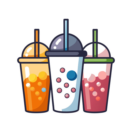 Three colorful bubble tea drinks in a row, isolated against a white backgroundのイラスト素材