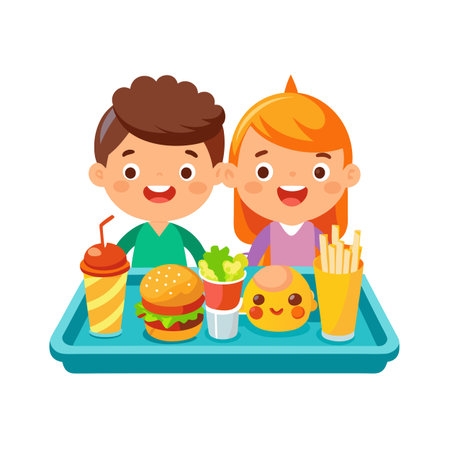Two cheerful children sharing a tray of fast food items together, isolated on whiteのイラスト素材