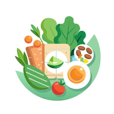 Illustrated Fresh Salad Bowl with Vegetables and Protein Elements on White Backgroundのイラスト素材