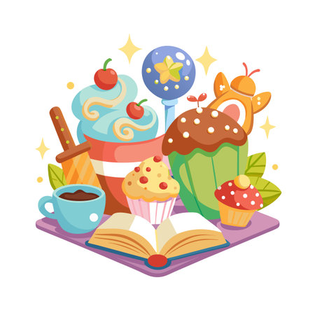 Illustration of cupcakes, coffee, book, and toys arranged on a purple mat with yellow sparkles.のイラスト素材