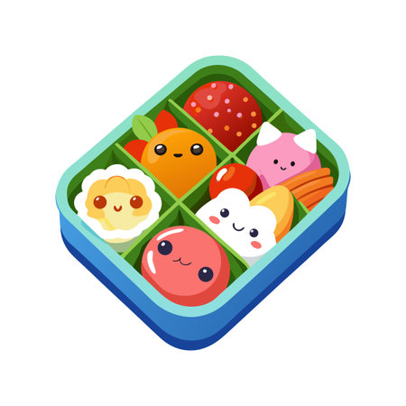 Kawaii Style Bento Box Filled with Cute Cartoon Food Characters Isolated on Whiteのイラスト素材