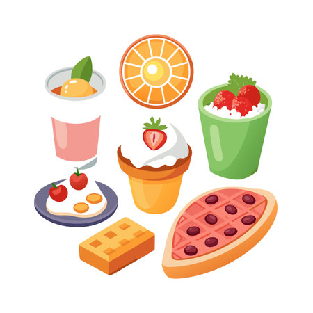 Isometric Cartoon Breakfast Food Selection with Dessert and Fruitのイラスト素材