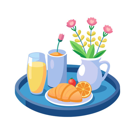 Cheerful Breakfast Tray with Croissant, Orange Juice, and Flowers on White Backgroundのイラスト素材