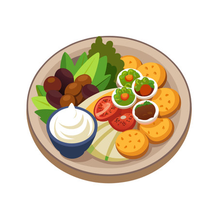Illustrated appetizer plate featuring various dips, olives, vegetables, and flatbread on a neutral backgroundのイラスト素材