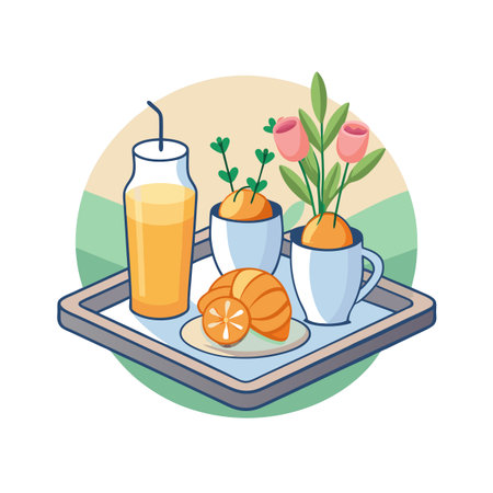 Whimsical Breakfast Tray with Orange Juice, Croissant, and Flowers Illustrationのイラスト素材