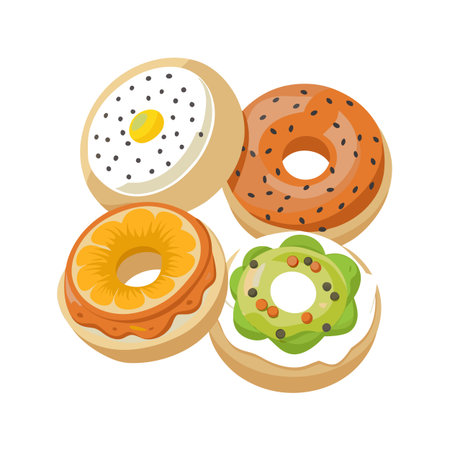 Colorful Gourmet Topped Bagel Assortment Stacked on White Background, Flat Design Illustrationのイラスト素材