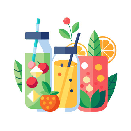 Fresh fruit juice bottles with vibrant colors and stylish flat design elementsのイラスト素材