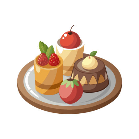Cartoon Illustration of Variety of Gourmet Desserts on a Plate, Isolated on Whiteのイラスト素材