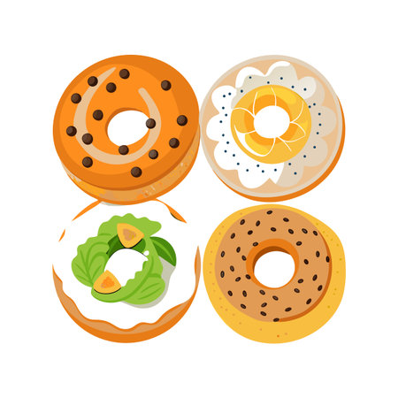 Four Assorted Cartoon Doughnuts with Varied Toppings Arranged Squarely on White Backgroundのイラスト素材