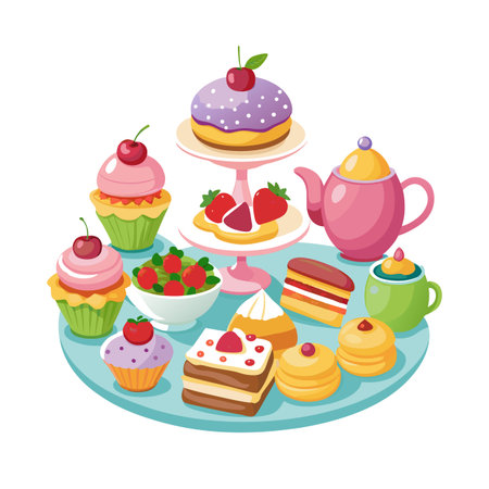 Colorful Tea Party Illustration with Assorted Sweets, Tea Pot, and Two Tiered Dessert Standのイラスト素材