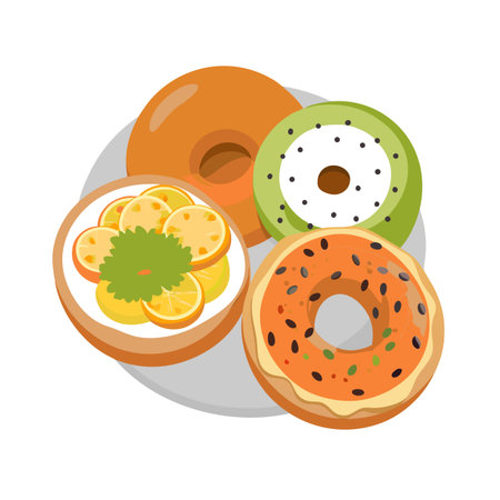 Colorful donuts arranged on a plate, showcasing different toppings and flavor combinationsのイラスト素材