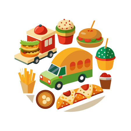 Isometric Food Icons Forming a Circle Isolated on White Background, Ready for Your Next Food Projectのイラスト素材