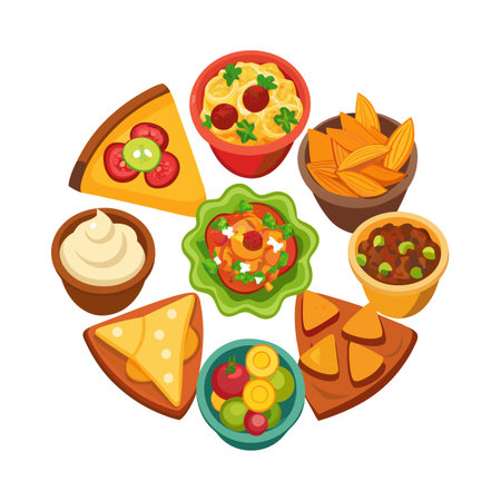 Colorful Cartoon Appetizers Arranged in a Circular Composition, Isolated on Whiteのイラスト素材