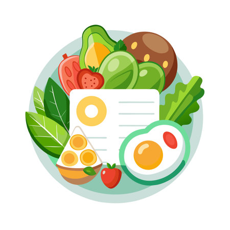 Healthy food assortment on a plate: avocado, sprouts, strawberries and scrambled eggsのイラスト素材