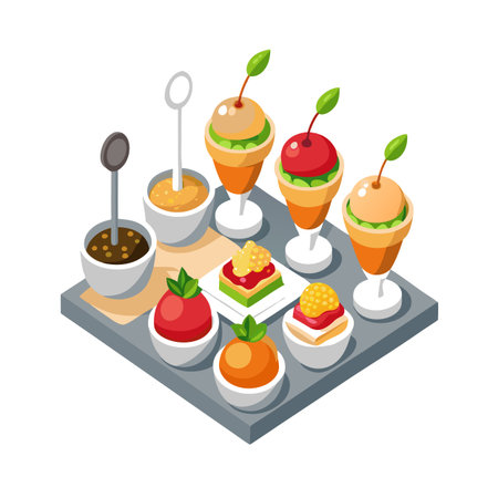 Isometric view of assorted canapes, elegantly arranged on a gray serving tray, isolated on whiteのイラスト素材