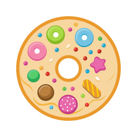 Cartoon Donut with Colorful Sprinkles and Creamy Beige Frosting on a White Backgroundのイラスト素材