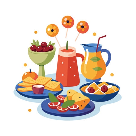 Vibrant Flat Lay Illustration of a Colorful Healthy Snack Arrangement on a White Backgroundのイラスト素材