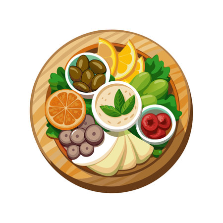 Colorful and Healthy Mediterranean Appetizer Plate with Hummus and Fresh Ingredientsのイラスト素材