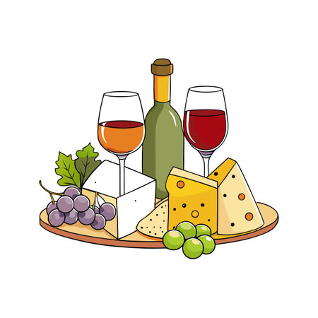 Wine and Cheese Board Still Life with Red and White Wine Glassesのイラスト素材