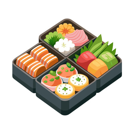 Isometric view of a four-section bento box filled with a colorful array of Japanese cuisineのイラスト素材
