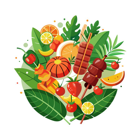 Vibrant fruit skewers and tropical leaves circle illustration, vibrant color palette, delicious and funのイラスト素材