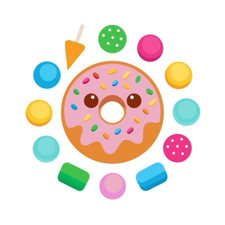 Colorful Donut with Sprinkles and Candy, Flat Vector Illustration on White Backgroundのイラスト素材
