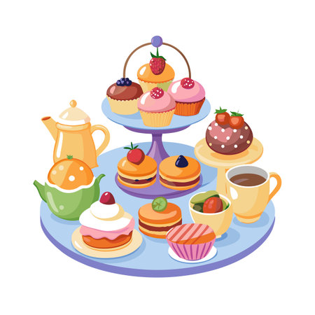 Colorful High Tea Display: Cupcakes, Teapot, and Treats on Tiered Standのイラスト素材