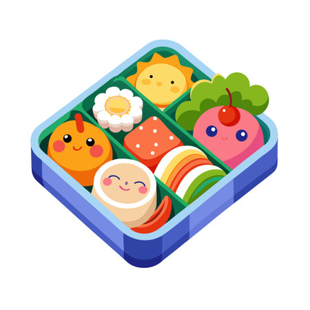 Cartoon Bento Box Illustration Filled with Cute Food Characters and Smiling Facesのイラスト素材