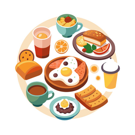 Variety of breakfast items displayed on a circular arrangement, with flat vector style.のイラスト素材
