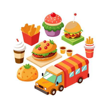 Isometric Fast Food Collection Featuring Truck, Burger, Fries, and Dessert Itemsのイラスト素材