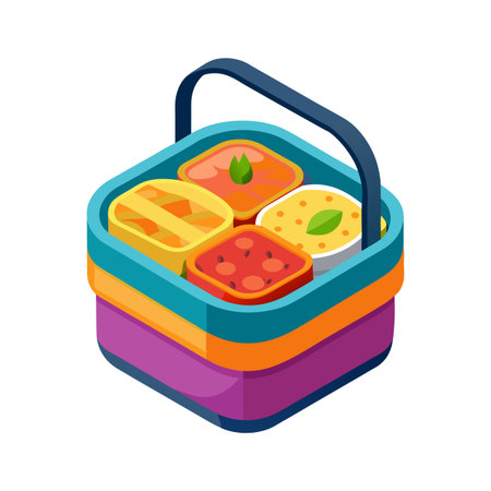 Colorful Isometric Food Basket with Variety of Lunch Meals for Commercial Useのイラスト素材
