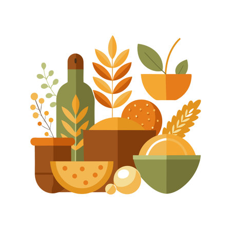 Graphic autumn harvest composition of fruit, vegetables, and plants in pots, with a wine bottleのイラスト素材