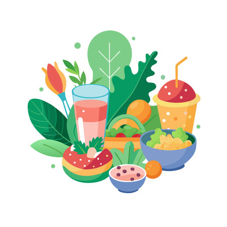 Healthy Eating Flat Illustration: A Colorful Array of Fruits, Vegetables, and Refreshmentsのイラスト素材
