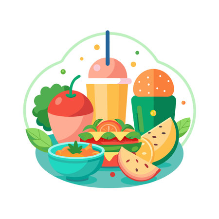Vibrant flat illustration of healthy food including salad, smoothies and orange slices arrangementのイラスト素材