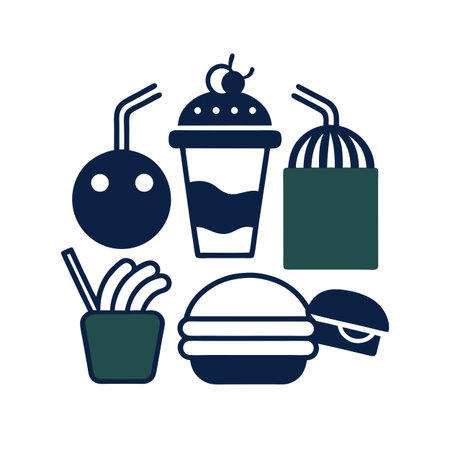 Fast food vector icons isolated on white featuring burger, fries, drink, and milkshakeのイラスト素材