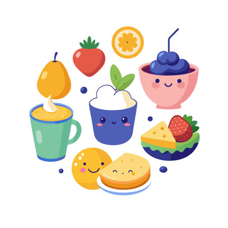 Whimsical Assortment of Cartoon Dessert Items in a Circular Arrangementのイラスト素材