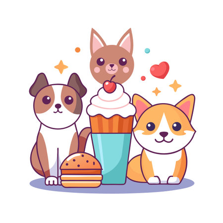 Cute Animals Cartoon Character Vector Illustration Featuring Dogs, Cupcake and Burger on White Backgroundのイラスト素材