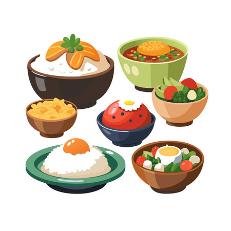 Collection of various rice bowls and salads illustrated in a colorful cartoon style.のイラスト素材
