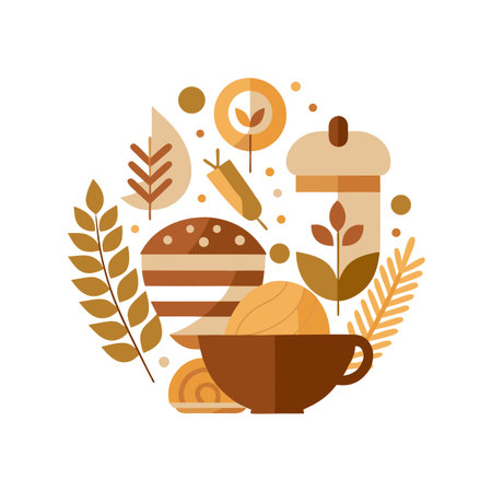 A stylized flat illustration of food and drink items arranged in a circle.のイラスト素材