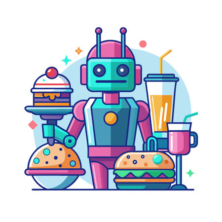 Cartoon robot serving colorful fast food, cake and drink assortment on white backgroundのイラスト素材