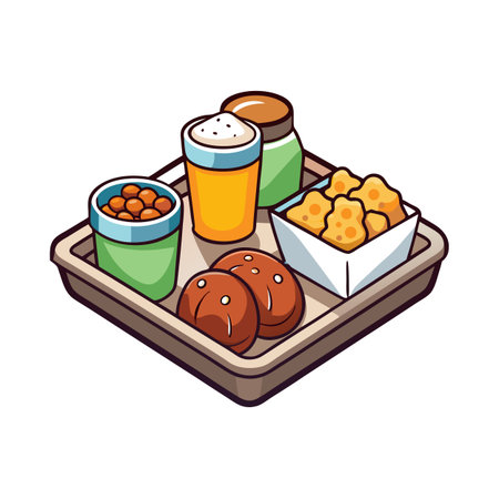 Cartoon food tray featuring nuggets, rolls, juice, and beans served in containers on beige tray.のイラスト素材