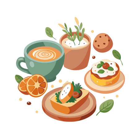 Cozy Morning Still Life with Coffee, Treats, and Plant Illustrationのイラスト素材