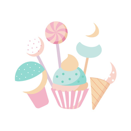 Delicate Pastel Sweets Composition with Cupcakes, Lollipop and Ice Creamのイラスト素材