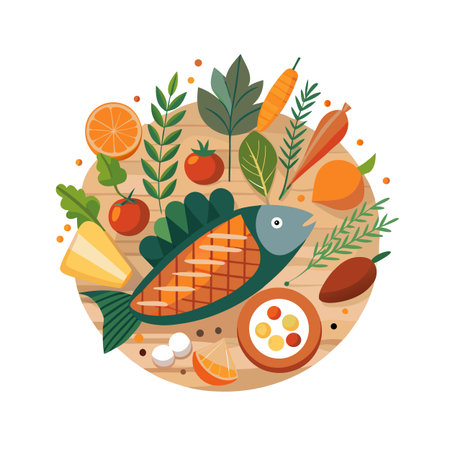 Flat Lay Illustration of Grilled Fish with Fresh Vegetables and Citrus Fruitsのイラスト素材