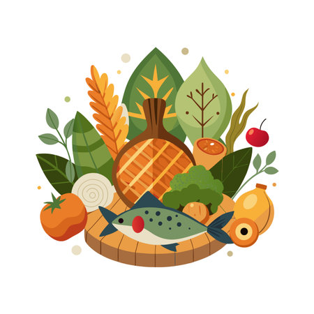 Flat Vector Illustration of Healthy Foods: Fresh Fish, Vegetables, and Fruits on Round Trayのイラスト素材