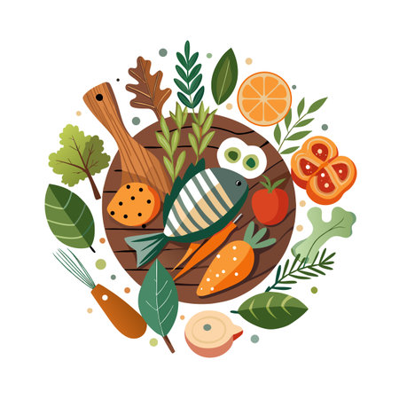 Fish and vegetables on a wooden board illustration, healthy food concept, flat design styleのイラスト素材